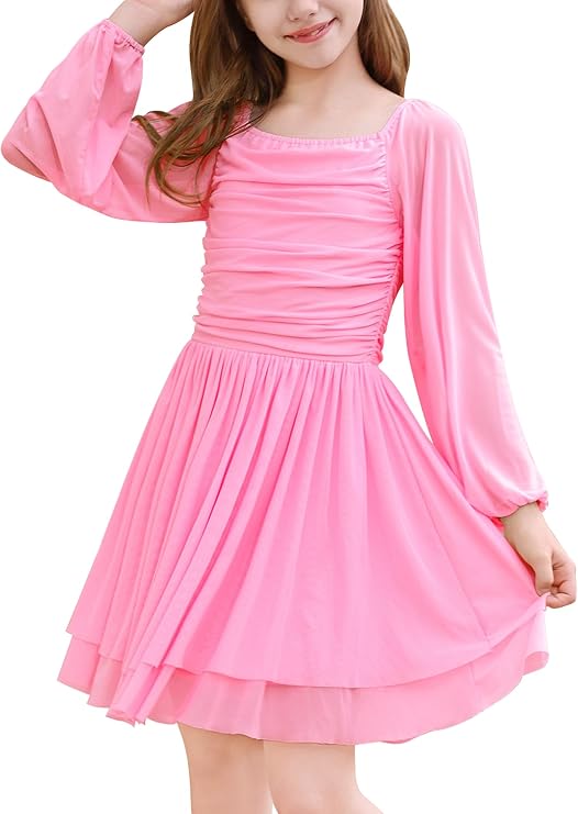 IBAKOM Teen Girl Puff Long Sleeve Square Neck Prom Dress Junior Homecoming Wedding Outfits Tween Fancy Pageant Birthday Dress