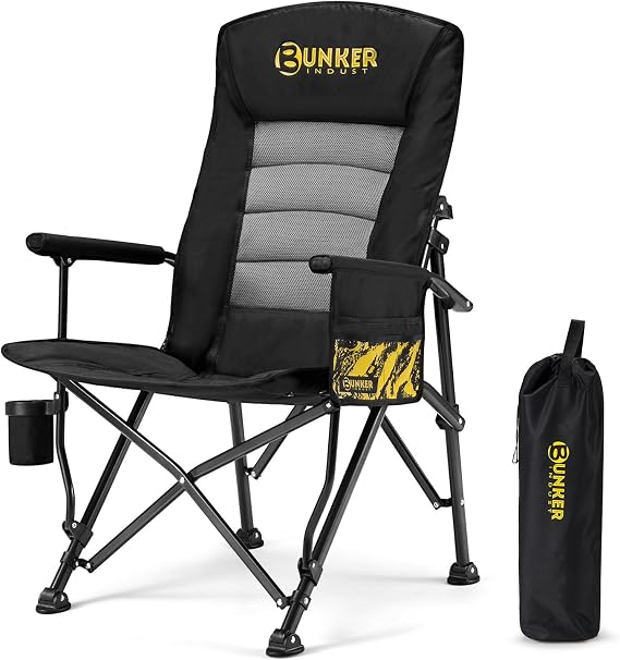 BUNKER INDUST Folding Camping Chair, Oversized with Padded Cushion, Outdoor Chair with Cup Holder Storage Pockets, Adjustable High Backrest Supports 450 LBS for Beach, Fishing, Overland Trips