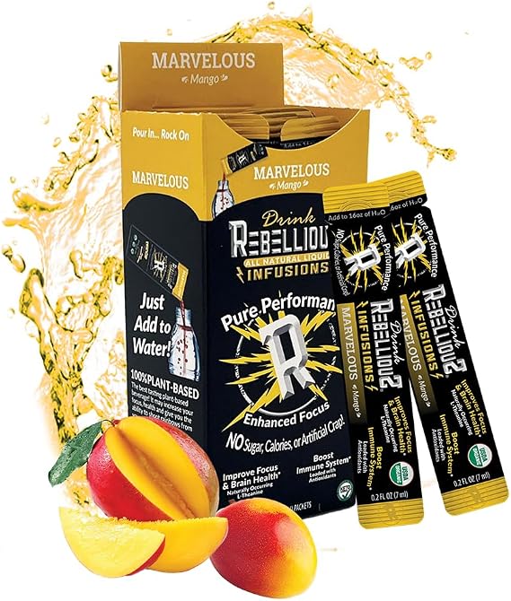 Rebellious Marvelous Mango Organic Drink Mix Zero Calorie Energy Drink Mix | Monk Fruit & Green Tea Extract | L-Theanine + Natural Caffeine | 100% Plant-Based | Pack of 10 | Keto,Gluten-Free