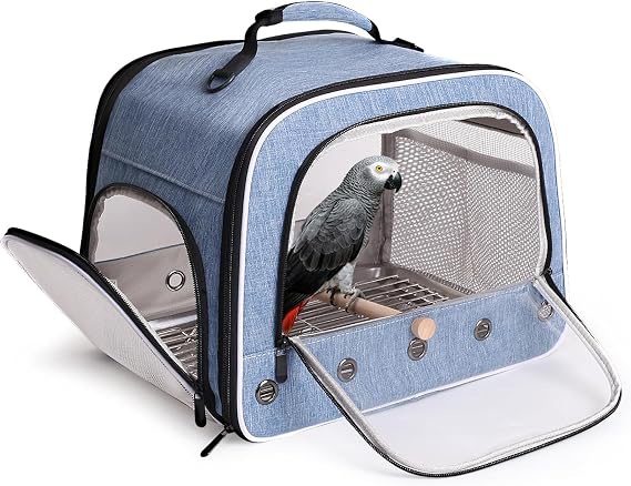 Bird Carry Carrier to Transport Large Size Parrot, Portable Bag with Metal Tray and Grid for Medium and Large Birds Like African Grey, Long Tail Cockatiel and Parrot (Blue, L)