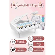 Mikrofonlu 24 Tuşlu Pembe Çocuk Piyanosu - Telefon Bağlantılı Eğitici Işıklı Org Müzik Seti