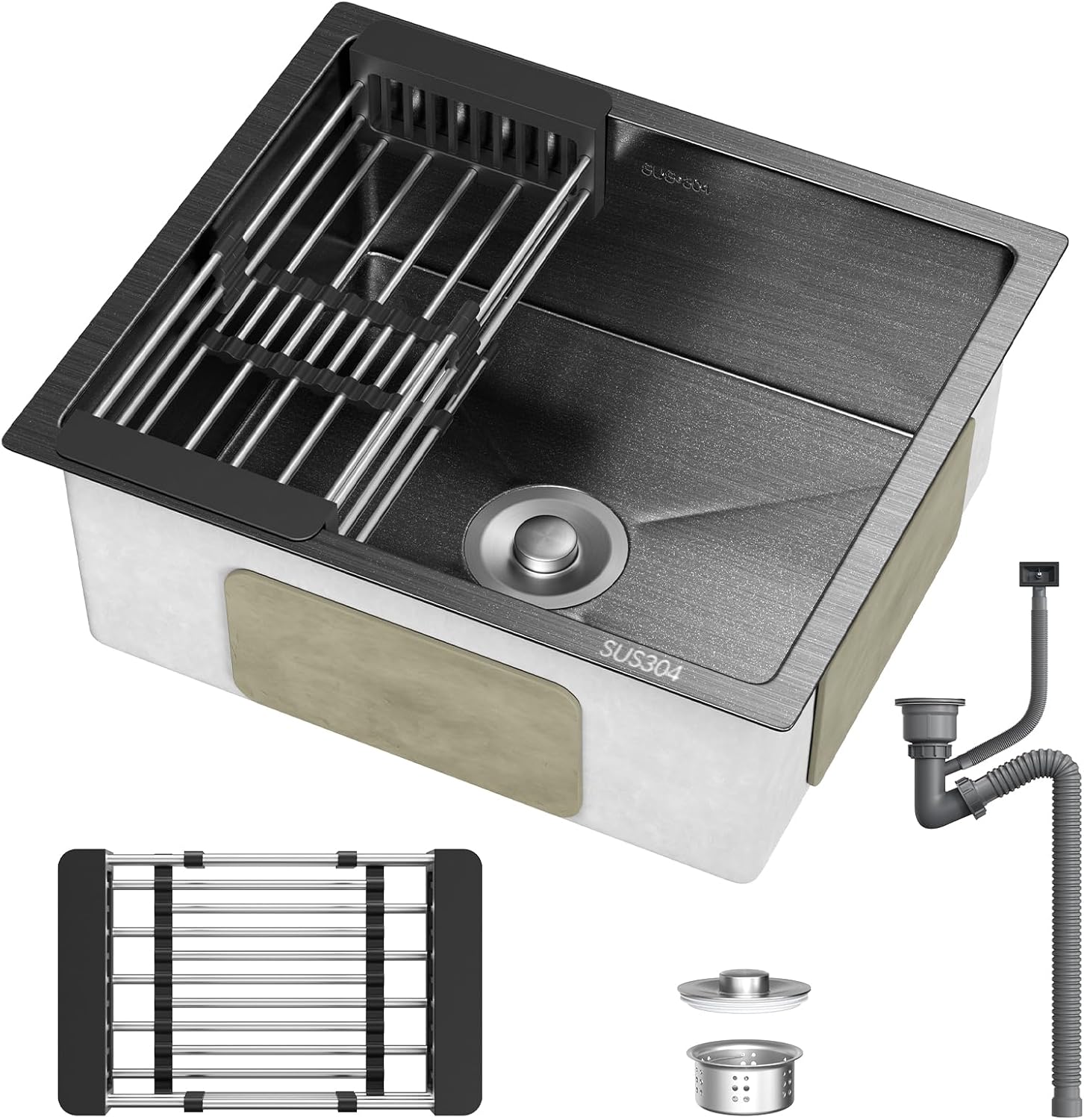 Kitchen Sink, 50 x 43cm Campervan Sink with Waste Kit, Drain Pipe, Pull-Out Drainer Basket, Single Bowl Topmount Workstation Stainless Suitable for Kitchen, Bathroom, Caravan Travelling