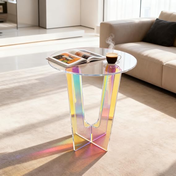 Modern Acrylic End Table, Round Iridescent Side Table Colorful Rainbow Snack Table for Home Office 17.7" Dia x 20.3" H