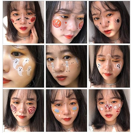 Halloween tattoo stickers cute cartoon pumpkin spider white ghost skull black 27pcs (9 models, 3 for each)