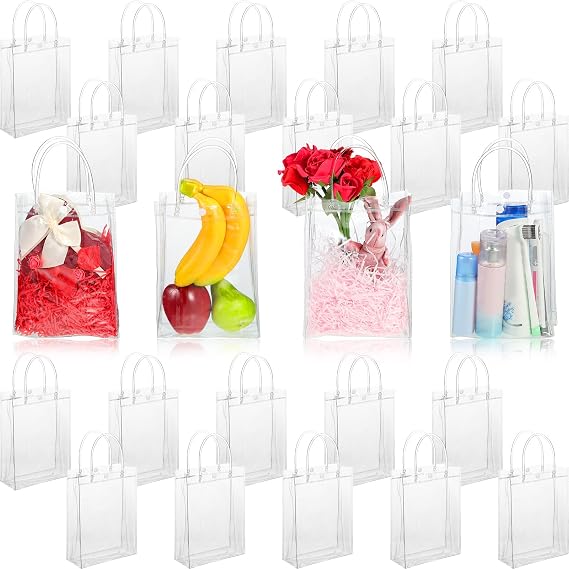 Saintrygo 25 Pieces Clear PVC Gift Bags with Handles, Transparent | Waterproof Plastic for Party Favors Retail Packaging, Wedding Giveaways, Reusable Tote,9.1" x 6.7" x 2.8"