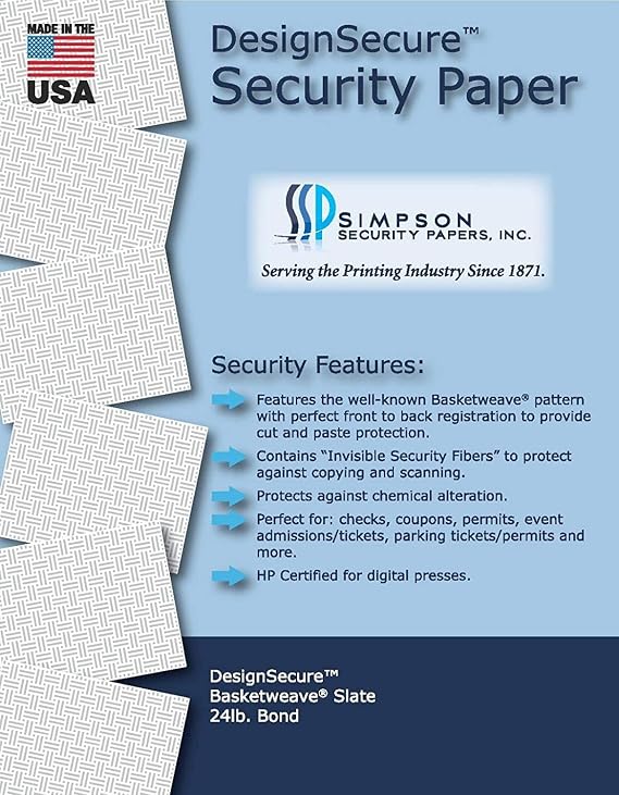 8.5 x 11 Simpson Security Papers DesignSecure Basketweave Slate 24# Security Paper, 500 Sheets