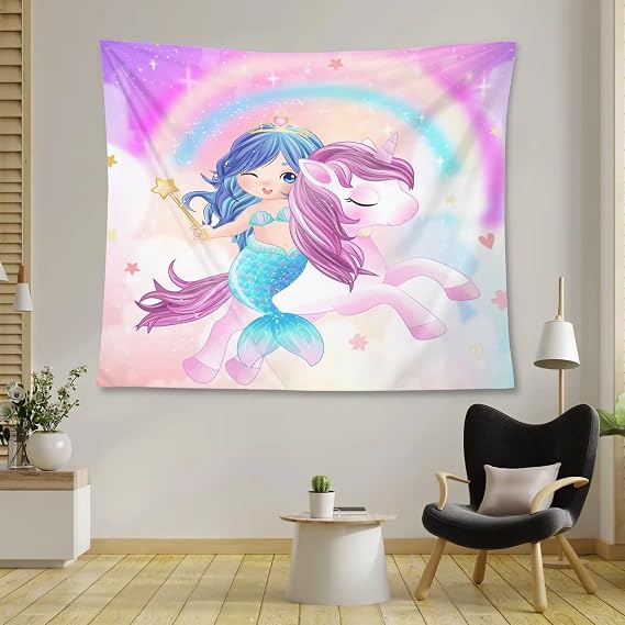 AAVEUP Mermaid Unicorn Tapestry Dreamy Rainbow Clouds Fairy Tale Cute Magic Mermaid Tapestries for Nursery Boys Girls Bedroom Dorm Living Room Decor 30x40in