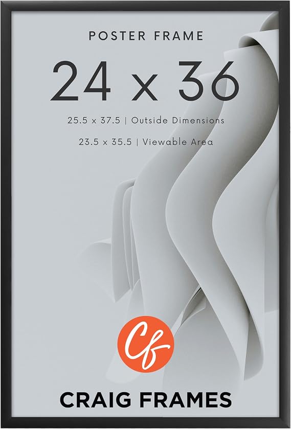 Craig Frames 24x36 Modern Black Poster Frame with Clear Plexiglass - Elegant Matte Finish for Wall Display