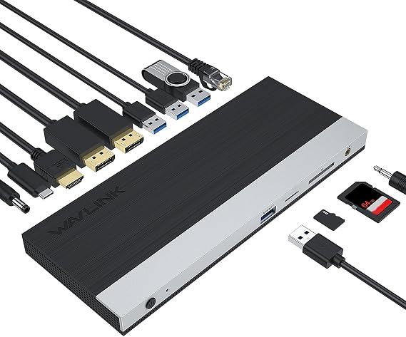 WAVLINK USB C Docking Station,13-in-1 Triple Display Type C Adapter for MacBook Pro,Dell XPS 13/15,HP,Lenovo Yoga(2 DisplayPort,HDMI,Ethernet,4 USB 3.0,SD/TF Card Reader,Phone Jack,DC Jack)