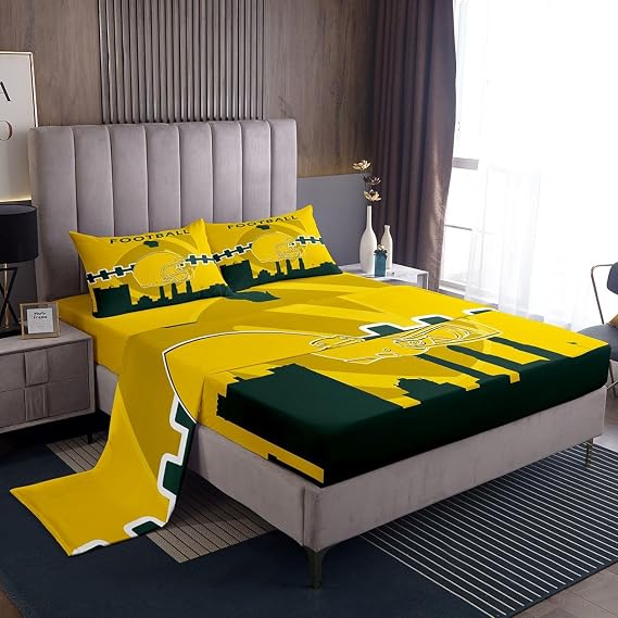 Erosebridal Kids Football Bed Sheets Set, Twin Size, Football Lovers Sheets, Sports Ball Game Flat Fitted Sheet with 1 Pillowcase for Rugby Fan