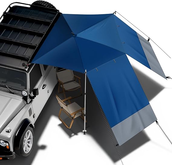 Portable Car Awning for SUV/Truck RV, Shade Waterproof Roof Rack Awning with Side Wall, Heavy Duty Magnets, Suction Cups & Reinforced Poles for Overland, Camping, Beach, Tailgating (Blue)