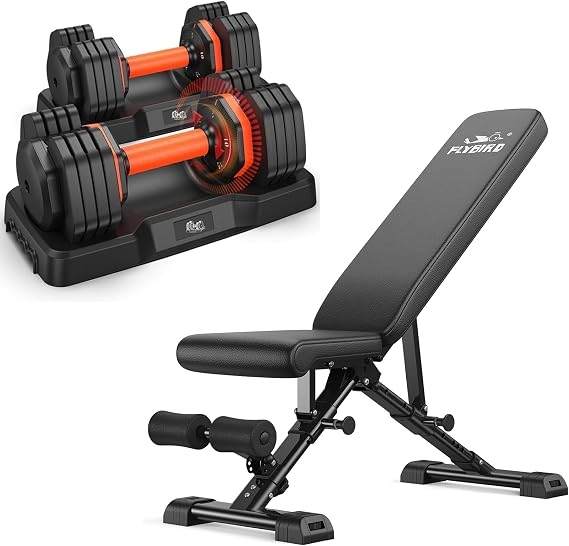 FLYBIRD Adjustable Workout Bench with 25LBx2 Dumbbell Set, Home Gym Equipment for Full Body Strength Training