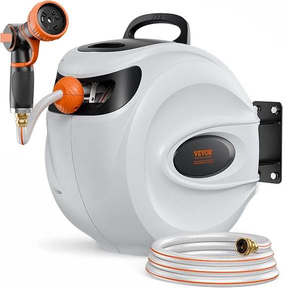 VEVOR Retractable Hose Reel 100 ft x 1/2 inch Garden Water Hose Reel Gray | Lawn Watering, 9-Pattern Nozzle, 180 Swivel Bracket Wall-Mounted, Automatic Rewind, Lock at Any Length, Slow Return System