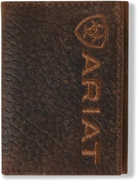 ARIAT Men's Large Logo Bull Hide Leather Trifold Wallet | Genuine bull hide leather, slim trifold profile, heavy duty stitching, multiple card slots for daily carry