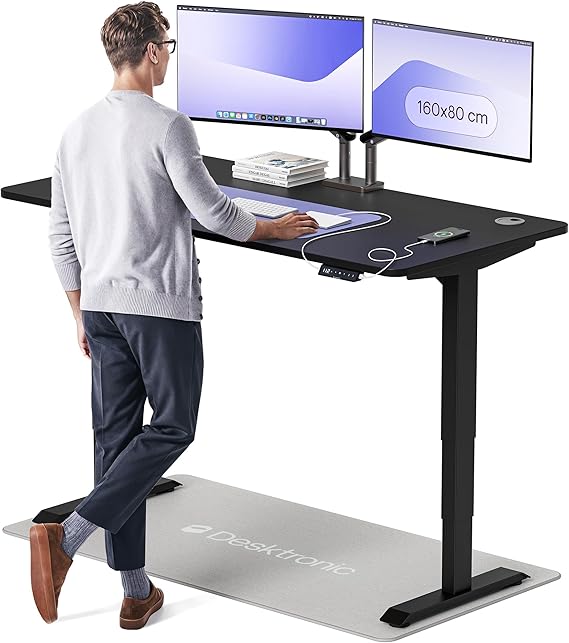 Desktronic HomePro Standing Desk – 160 x 80 cm Height Adjustable Desk with Electric Dual Motor, Touchscreen Controller & Integrated USB/USB-C, 3 Memory Presets