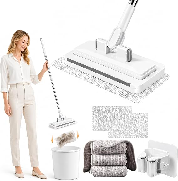 Hands-Free Multi-Purpose Flat Mop, Hands Free Flat Mop One Click, Lazy Cleaning & Face Towel Cloth Changing Mini Mops, Clip on Cleaning Mops for Floor, Hardwood, Tile, Mirror & More (53.1inch)