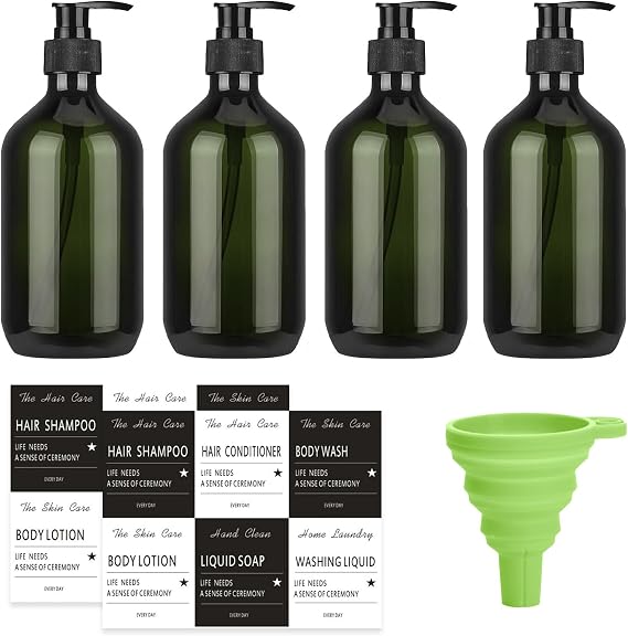 Soap Dispenser Set, 4 Pcs Shampoo and Conditioner Dispenser, 500 ML Refillable Shampoo and Conditioner Bottles Shampoo Bottle Pump Dispenser with Funnel Label for Bathroom or Hotel(Green)
