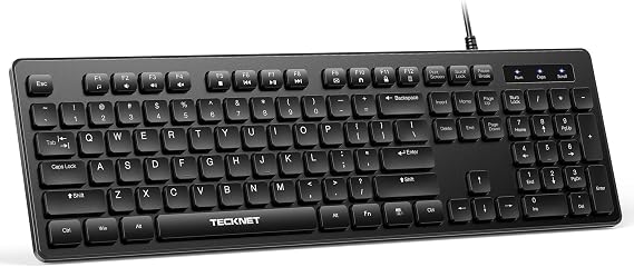 TECKNET Wired Keyboard, Silent Typing, Full-Size Layout, Black | Spill-Resistant Design, USB-A Plug & Play, Slim Membrane Keys, Office Ready, PC, Laptop & Mac Compatible