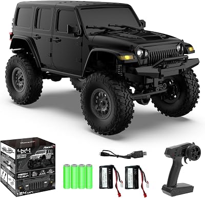 4x4 Off Road RC Monster Truck with Bright Headlights, 2 Batteries, Waterproof - Climbing Remote Control Car for Kids, Black