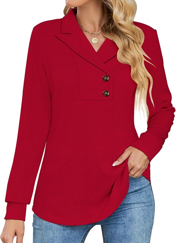Micoson Women's Long Sleeve Button Lapel Tunic Tops V Neck Business Casual Swing Sweatshirt Pullover