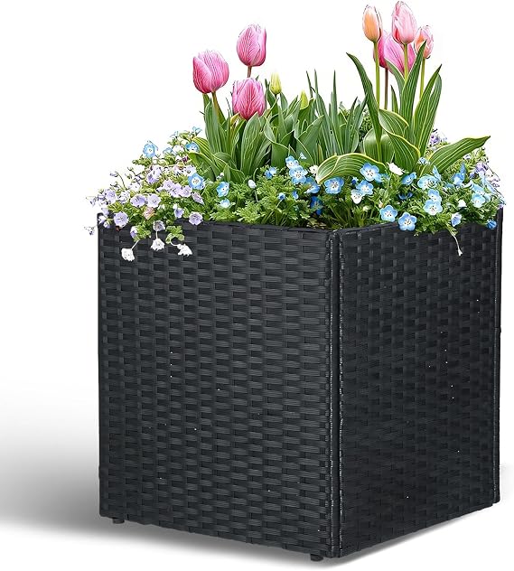 SUNNYPARK Black Square Planter Box All-Weather PE Rattan Large Modern Planters with Removable Liner Indoor Outdoor Decorative Flower Pot for Patio, Balcony, Garden