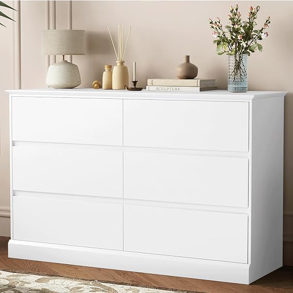 White Dresser, 6 Drawer Dresser for Bedroom, Modern Wooden Closet Dressers for Living Room, Entryway, or Hallway, Light White | P2 Engineered Wood, 47.24"W x 15.75"D x 29.92"H, Two Anti-Tip Devices, Assembly Instructions Included, Entryway Storage