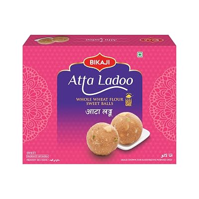 Bikaji Atta Ladoo 14.11 oz 400g, Premium Whole Wheat Ladoo, Traditional Indian Sweet, Authentic Homemade Style Mithai, Ready to Eat Festive Dessert, Gifting Sweet, Premium Ladoo Sweet Box