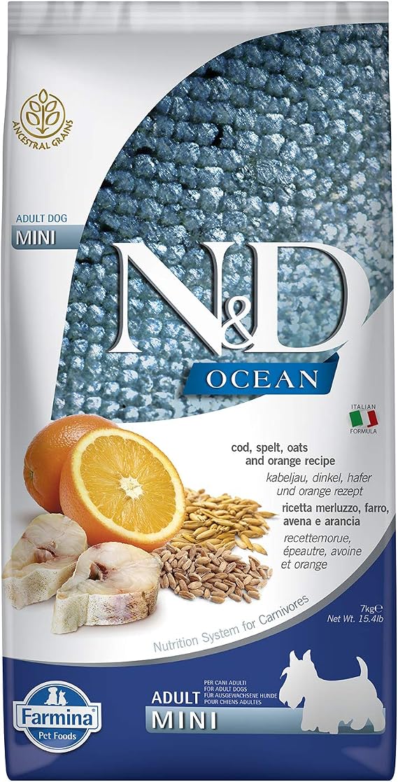 N&D Ocean Köpek Morina Balığı, Kılçıksız Buğday, Yulaf & Portakal Yetişkin Mini 7 kg