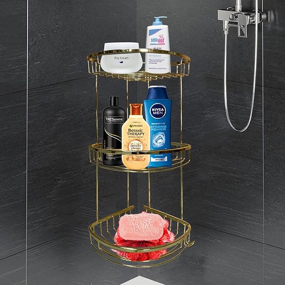 Banyo Duş Rafı Şampuanlık Köşelik Damla Gold Altın 3 Katlı Malzemelik Organizer Düzenleyici Mutfak Eşya Rafı