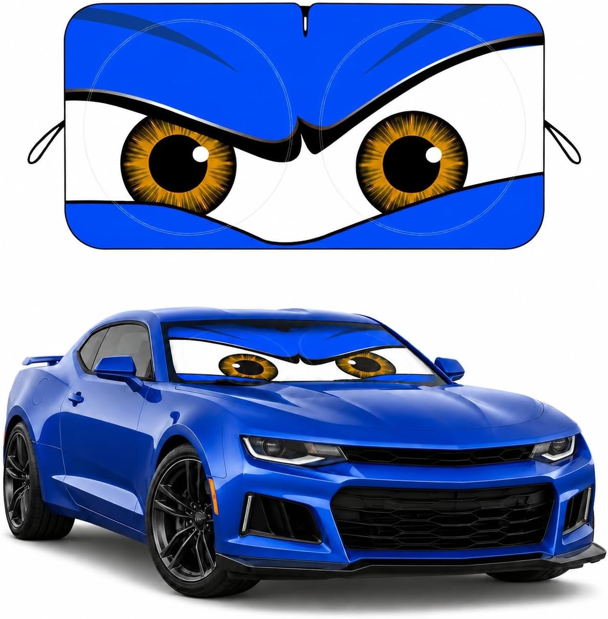 Car Windshield Sun Shade, Sunstrip Windscreen Cover, Car Sun Shade Funny Car Eyes Sun Visor for Car Windshield, Wear-Resistant Black Tape, Foldable 59''x27.5''63''x31.5''