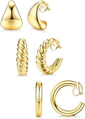 BESTEEL 3Pairs Clip on Earrings for Women Trendy Hypoallergenic 14K Gold Plated Chunky Tube Croissant Waterdrop Clip-on Hoop Earrings Set Fake Jewelry Non Pierced Ears