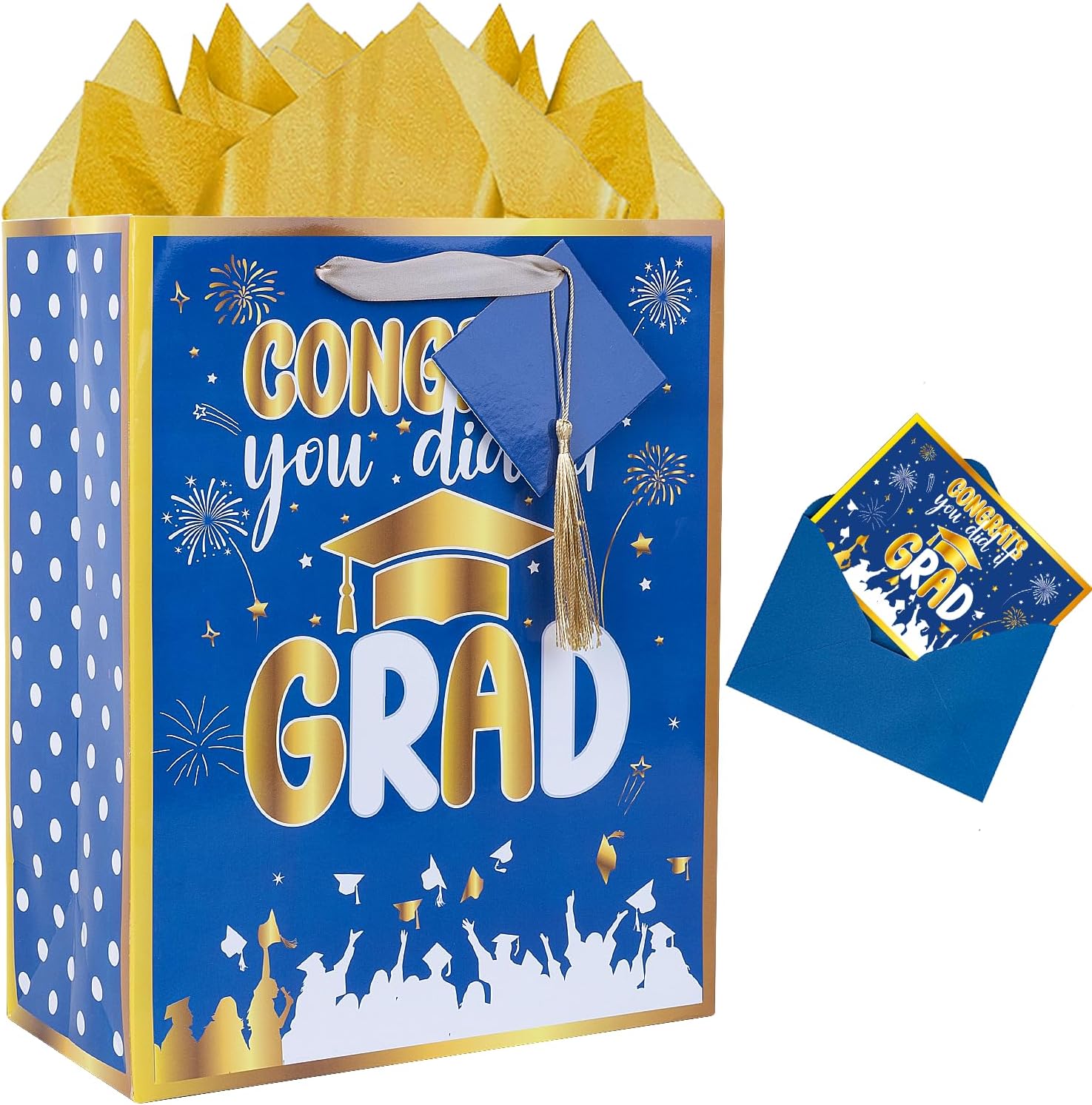 JWSCYSY Large Blue Gold Graduation Gift Bag with Tassel, 12.6 Congrats Grad Gift Bag with Tissue Paper and Card for Boys, Girls High School, College Graduation Party Favor