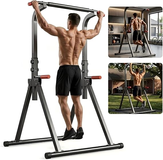 Foldable Power Tower Pullup Bar Standing, Multi-Function Adjustable Height Pull Up Dip Station for Gym Workout, Strength Training Fitness Equipment, Triangular Design for Home Outdoor