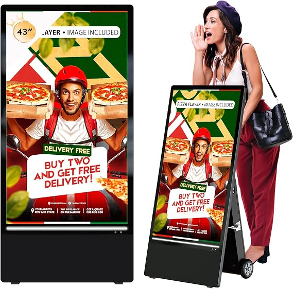 MWE 43 Inch Outdoor Digital Signage Display Monitor, Portable Battery Powered High Brightness Screen Advertising Display Kiosk, Movable Waterproof Standing Poster, Android OS