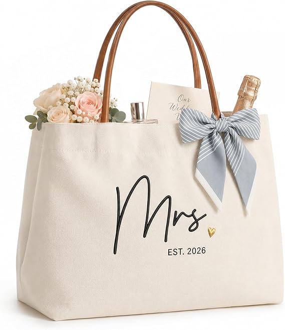 Bridal Shower Gifts Bride Tote Bag for Bride to Be, Future Mrs | Engagement Gift for Bride, Wifey, Bachelorette Party Favors, Honeymoon, Wedding Essentials Bag with Leather Handle & Pocket
