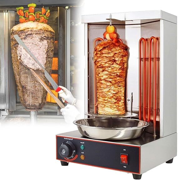 Vertical Shawarma Grill Machine, Electric Kebab Gyro Rotisserie with 2 Heating Tubes and Meat Catch Pan, BBQ Kebab Maker for Home Restaurant