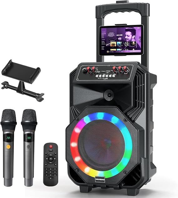 Karaoke Machine with 2 Wireless Microphones, Rolling Wheels and Trolley