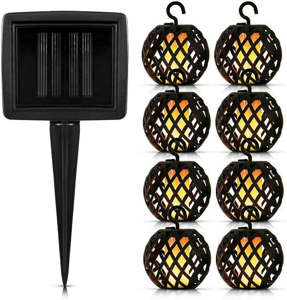 8pc Solar Ball Rattan Flame Effect LED String Hanging Lights – Ideal for Garden, Patio, BBQ Party, Gazebo, Fence Decorations Christmas Xmas Outdoor Lights Decoration