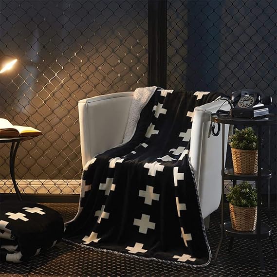 Sherpa Flannel Blanket Throws Cross Swiss Pattern Geometric Soft Cozy Blankets Quilts for Bed Sofa Couch Chair (39"X 59",Black)