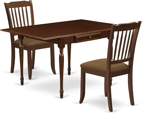 MZDA3-MAH-C Dining Table Set - Transitional Style, Mahogany Finish, Asian Hardwood, Drop-Leaf Table, 2 Drawers, 2 Danbury Chairs, Microfiber Cushion