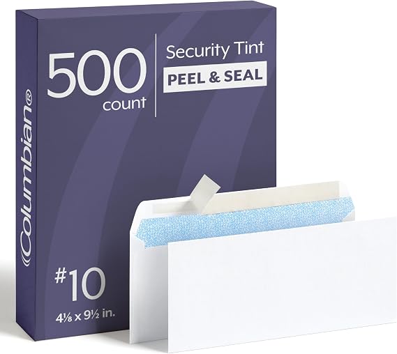 Columbian #10 Security Envelopes, 500 Pack, Self Seal Envelopes for Home, School, and Business Mailings, No Window, 4-1/8 x 9-1/2 Inches, Durable 24 lb White Paper
