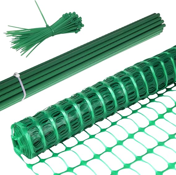 Heavy-Duty 4x100 Ft Green Plastic Fence Roll with Steel Support Posts | UV Resistant Reusable Safety Barrier, Multi Use for Garden, Construction, Pool & Lawn, Blocks Deer, Dogs, Rabbits & Poultry