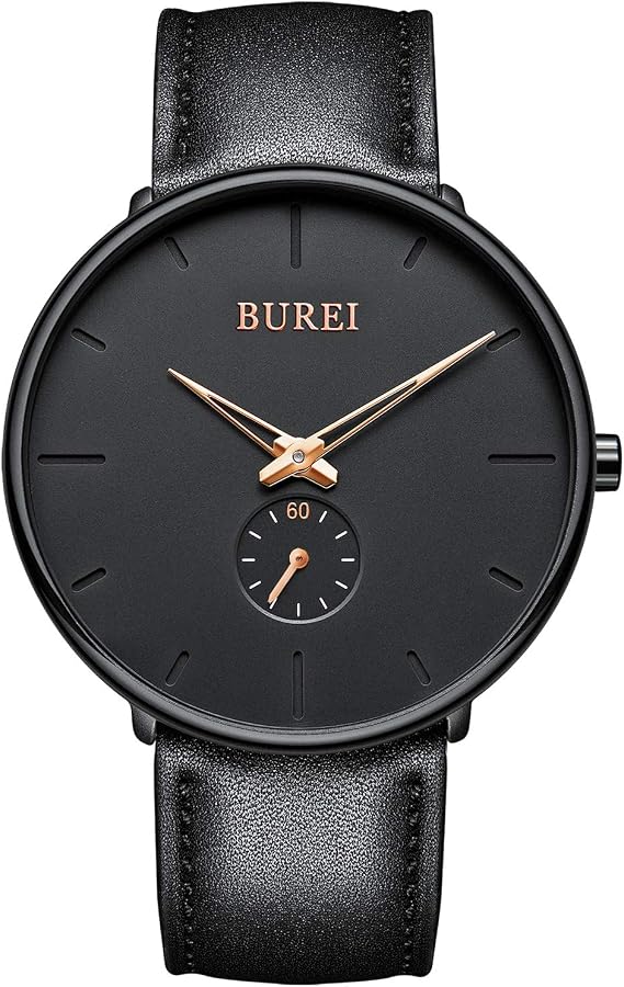 BUREI Herrenuhr mit schwarzem Zifferblatt und farbigen Zeigern – Quarzwerk wasserdicht Edelstahl – Elegantes Geschenk für Männer