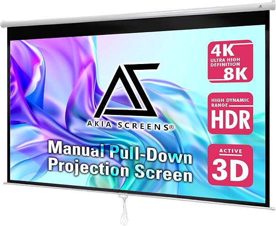Akia Screens 100 Inch Pull Down Projector Screen, Manual Retractable 16:9, 8K / 4K HD & 3D Ready, Ceiling or Wall Mount, Auto Locking White Indoor Projection Screen for Home Theater, Office, AK-M100H1