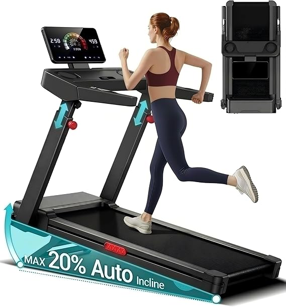 Foldable Treadmills for Home with 20% Auto Incline, 14KM/H Treadmill with Handles, Running Machine for Heavy People, 180KG Weight Capacity, Large Running Belt and Intelligent LED Touch Screen