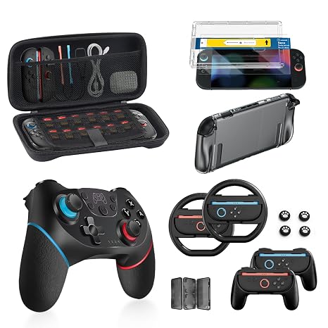 Pro Controller Accessories Bundle for Nintendo Switch 2, 17-in-1: Carrying Case, Screen Protector, Thumb Grip for Joycon, Dockable Console Protective Cover Shell, Steering Wheel, 2025 Switch2 Game Kit