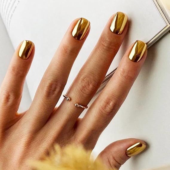 Gold Press on Nails Square Fake Nails Short False Nails with Designs Metallic Holographic Glue on Nails Acrylic Nails Glossy Stick on Nail for Women Nail Manicure