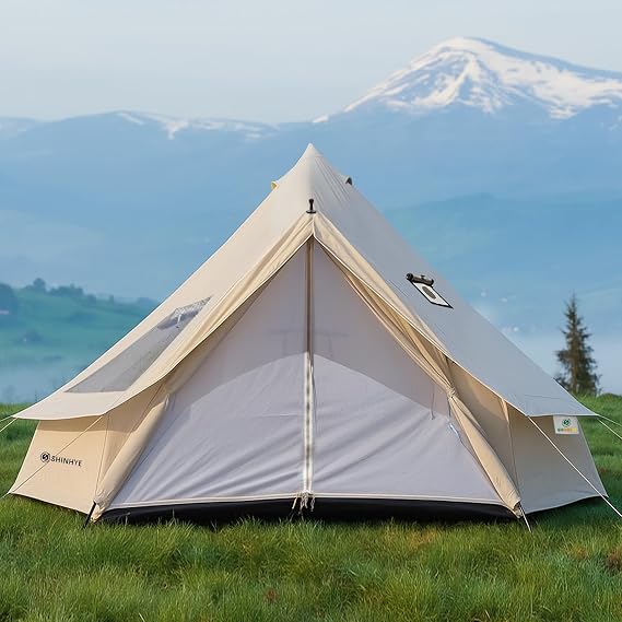 ShinHye Bell Yurt Tent, Waterproof Luxury 4 Season Hot Tent with Stove Jack/Air Conditioner Vents/2 Skylight for Family Outdoor Camping Oxford Glamping Tents for All Year Living (4M- 13.1FT)