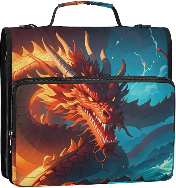3 D-Ring Zipper Binder Bag, Dragon Water and Fire Anime Removable Binder with Zipper Case Hold 300+ Sheets& 13 Inch Laptop for School Office Supplies Organizer