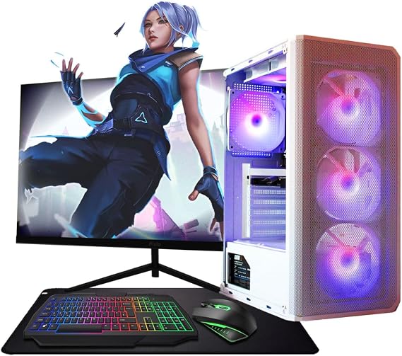 ASC Ryzen Gaming PC Bundle, AMD Ryzen 5 4500, GTX 3050 6GB Graphics, 16GB RAM, 256GB SSD + 1TB HDD, 500W 80+ PSU, WiFi, Windows 11, White 6 Fan RGB Case, 22" Monitor